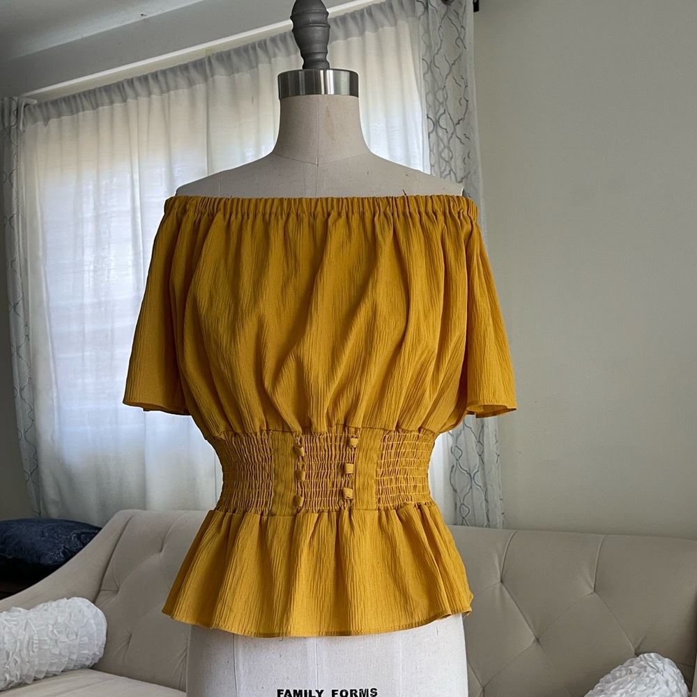 Mustard off the shoulder corset waist peplum crop top-XS-S
